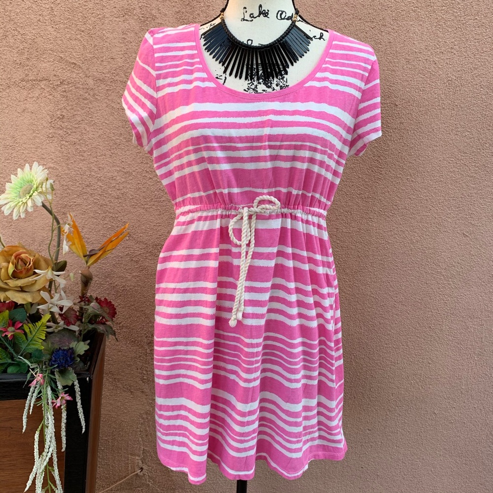 H&M pink and white Drawstring striped dress